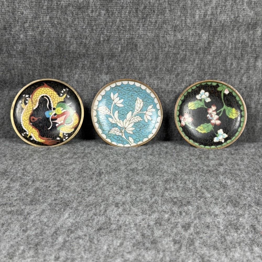 Vintage Chinese Cloisonne Collector Plates Set Of 3 Dragon Floral Multicolor